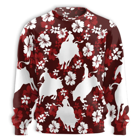 Tropical Bull Riding Sweatshirt, 3D All Over Print Western Rodeo Crewneck Pullover for Men Women, Bull Rider Gift - Netecom