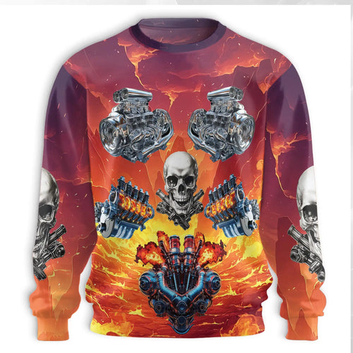 Car Engine Skull Sweatshirt, 3D All Over Print Automotive Mechanic Crewneck Pullover for Men Women, Car Enthusiast Gift - Netecom