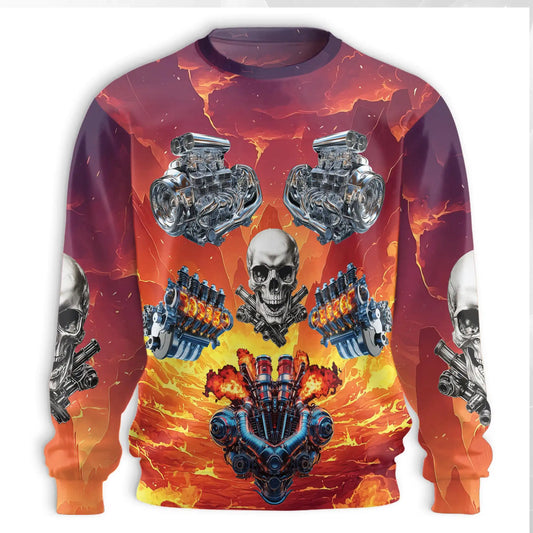 Car Engine Skull Sweatshirt, 3D All Over Print Automotive Mechanic Crewneck Pullover for Men Women, Car Enthusiast Gift - Netecom
