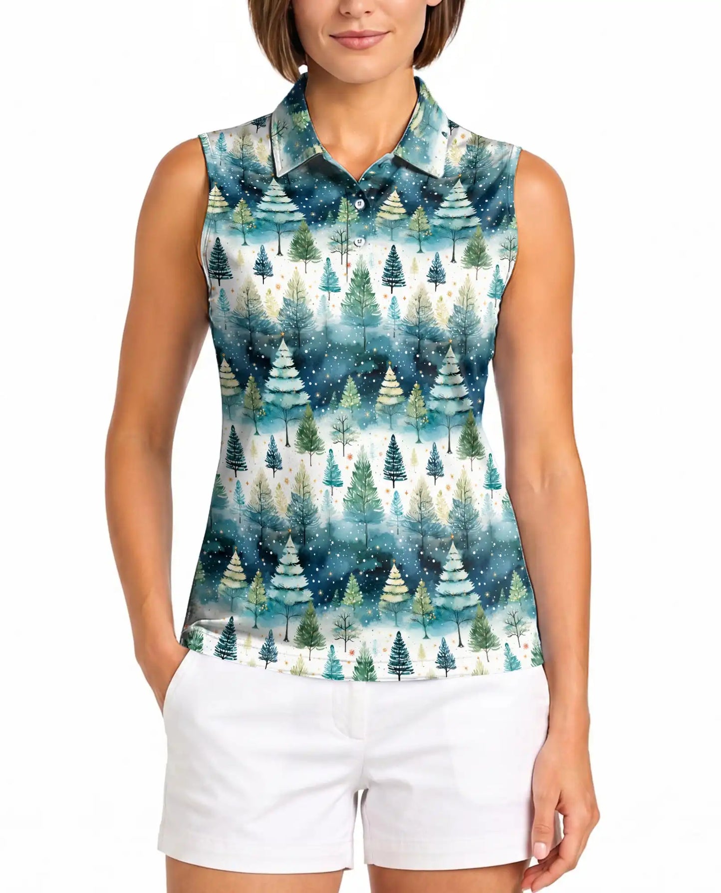 Christmas Tree Sleeveless Polo Shirt for Women – Festive Holiday Style | Netecom