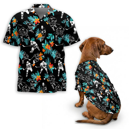 Netecom Matching Hockey Hawaiian Shirt for Dog and Owner, Black Tropical Flower Aloha Shirt, Hockey Player Print Summer Shirt for Pet and Human, Beach Vacation Outfit