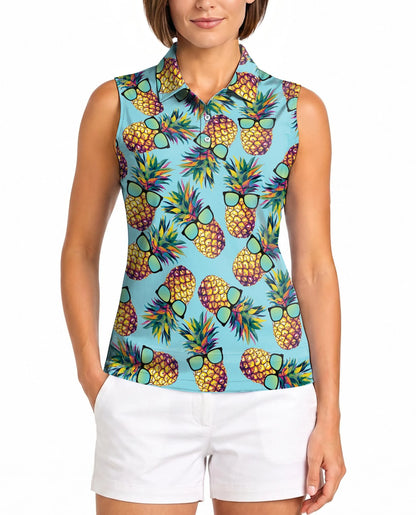 Pineapple Wearing Sunglasses Tropical Sleeveless Polo Shirt for Women | Netecom