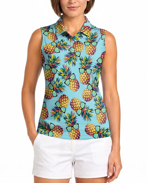 Pineapple Wearing Sunglasses Tropical Sleeveless Polo Shirt for Women | Netecom
