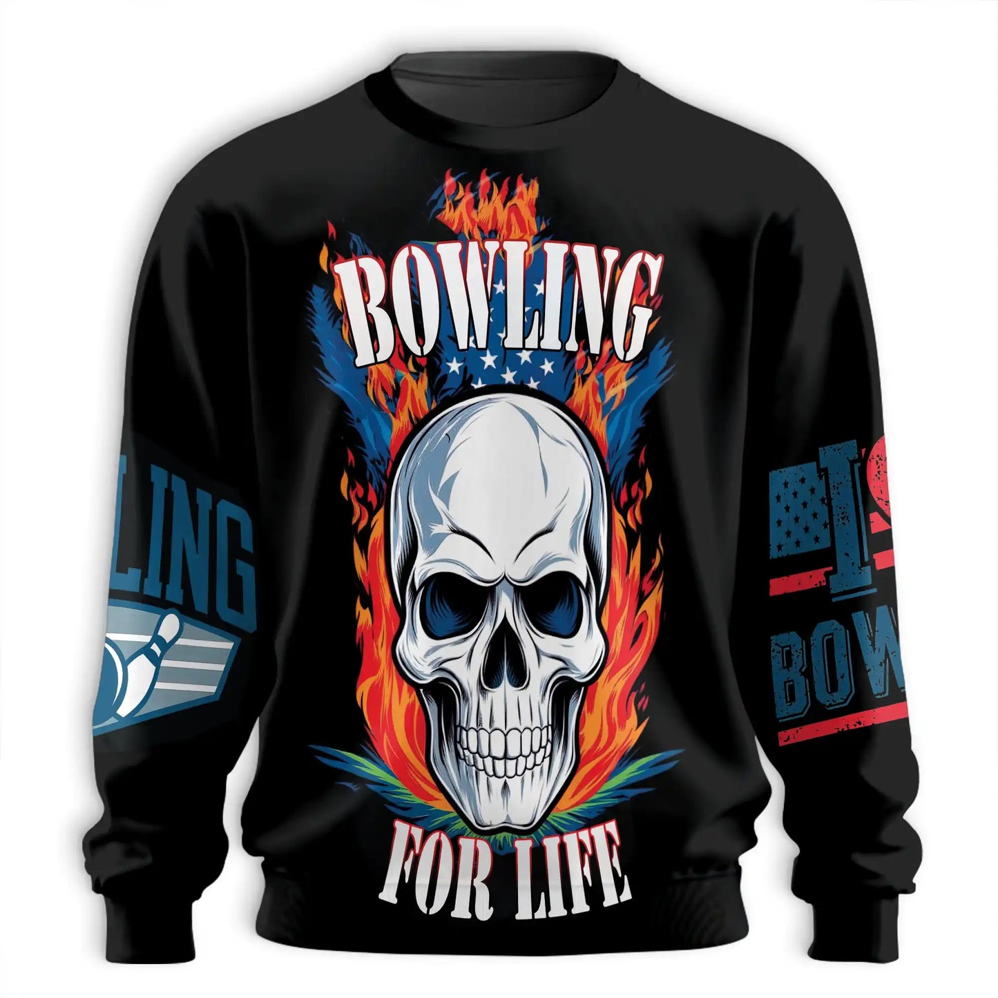 Bowling Skull Fire Sweatshirt, 3D All Over Print Fiery Bowling Crewneck Pullover for Men Women, Bowler Gift - Netecom