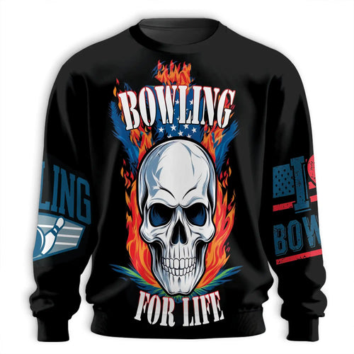 Bowling Skull Fire Sweatshirt, 3D All Over Print Fiery Bowling Crewneck Pullover for Men Women, Bowler Gift - Netecom