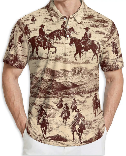 Vintage Cowboy Western 3D Polo Shirt for Men – Rustic Ranch Desert Style | Netecom