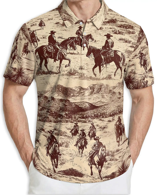 Vintage Cowboy Western 3D Polo Shirt for Men – Rustic Ranch Desert Style | Netecom