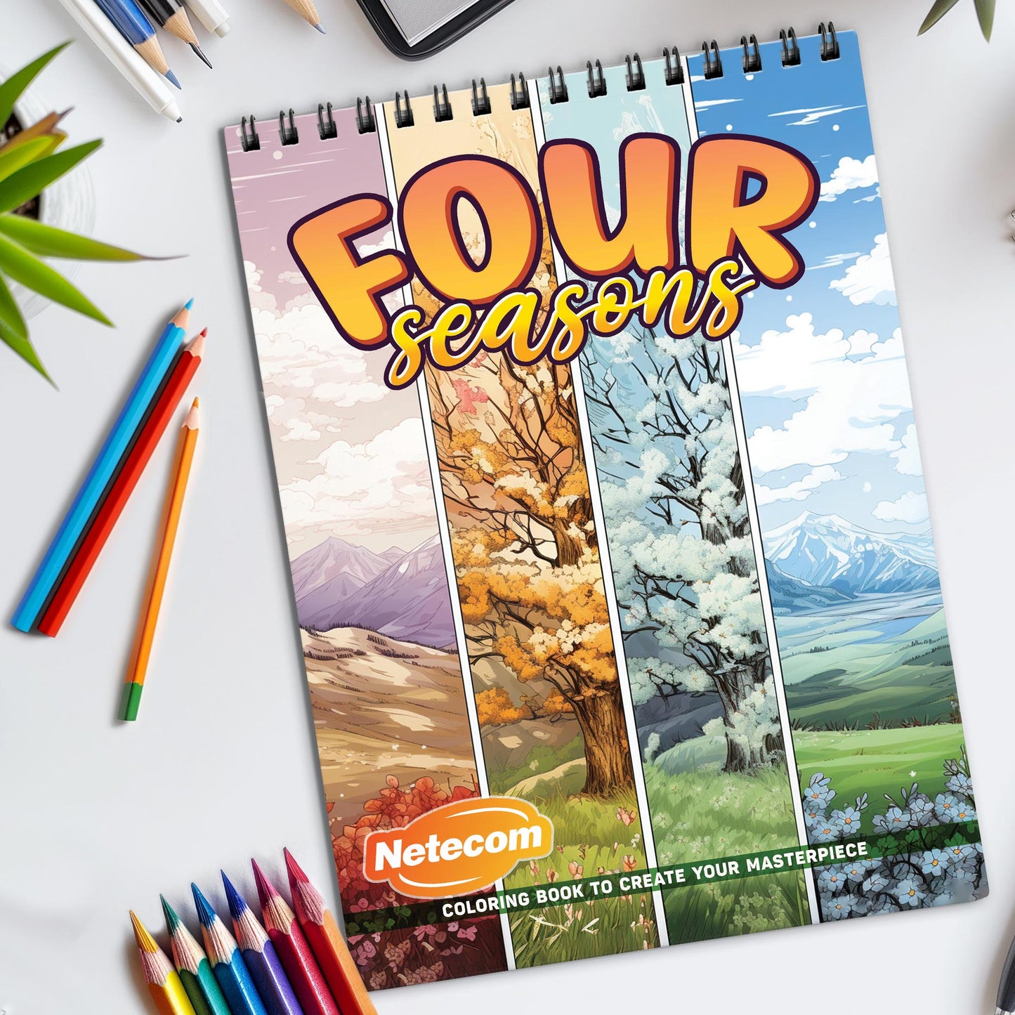 Four Seasons Spiral Bound Coloring Book, Seasonal Landscapes to Celebrate the Beauty of Nature, Great for Those Enjoying the Changes of the Year