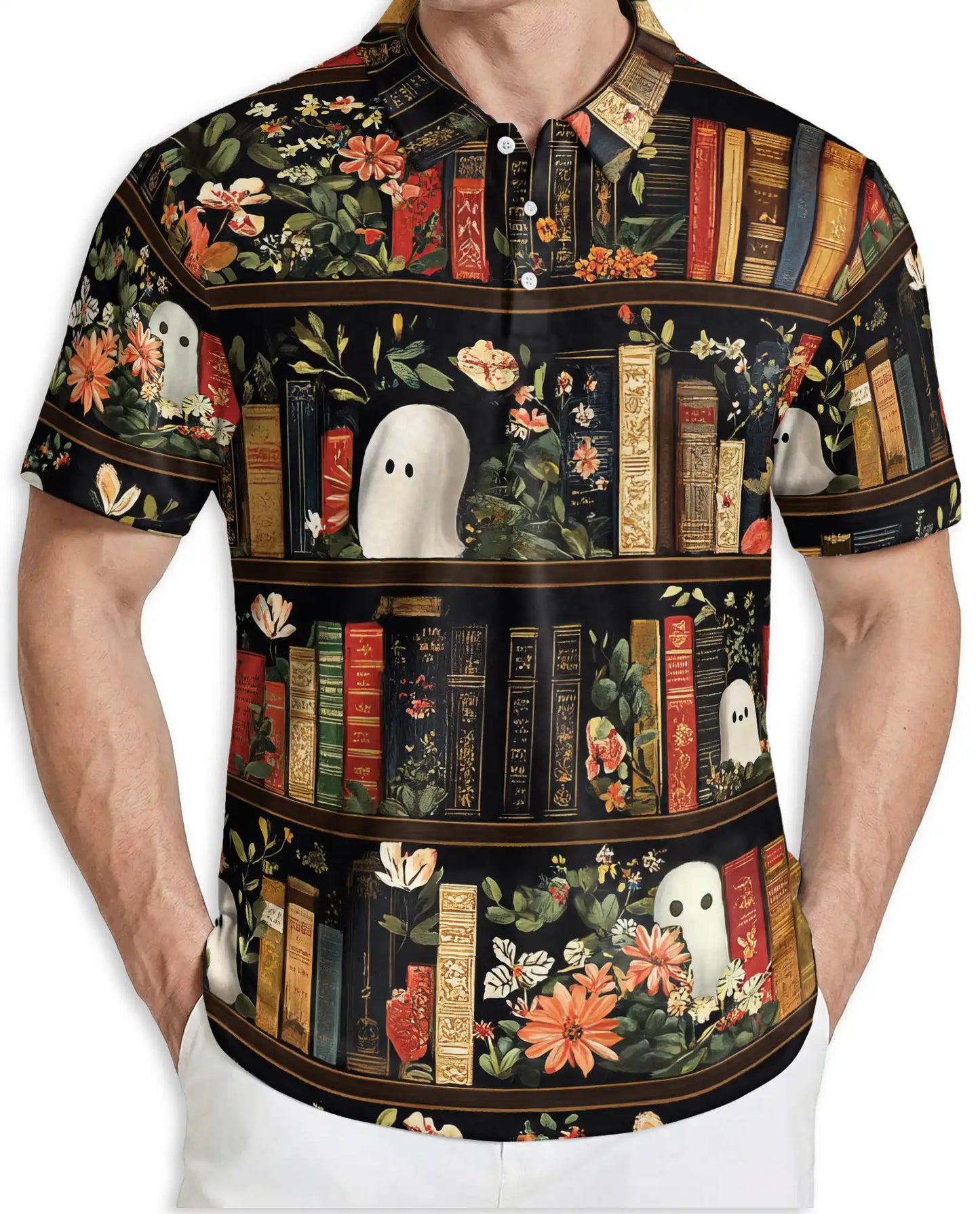 Ghost Library 3D Polo Shirt for Men – Vintage Floral Bookcase Style | Netecom