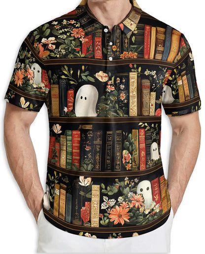 Ghost Library 3D Polo Shirt for Men – Vintage Floral Bookcase Style | Netecom