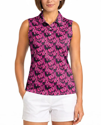 Pink Butterfly Print Sleeveless Polo Shirt for Women | Netecom