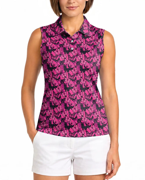 Pink Butterfly Print Sleeveless Polo Shirt for Women | Netecom