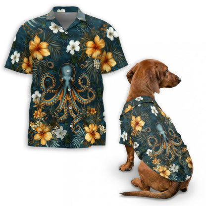 Netecom Matching Octopus Scuba Diving Helmet Aloha Hawaiian Shirt for Dog and Owner, Aloha Summer Shirt, Ocean Diver Octopus Print Outfit for Pet and Human, Beach Vacation Casual Wear