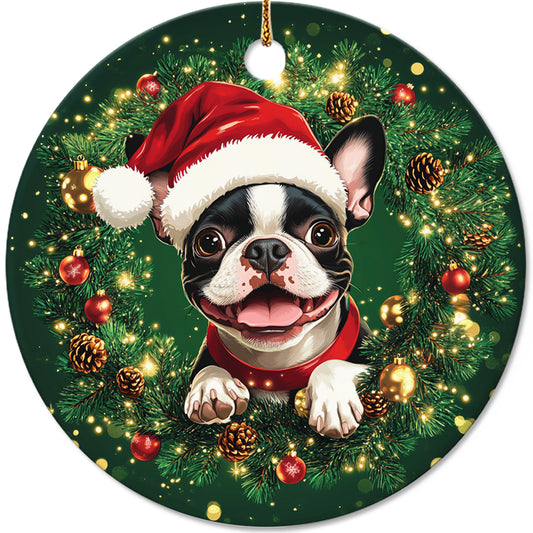 Netecom Cute Boston Terrier in Santa Hat Christmas Ornament, Bostie Dog Ceramic Ornament for Xmas Tree Hanging Decorations Gift, Puppy Lover Gifts, Home Decor, Holiday Party Present