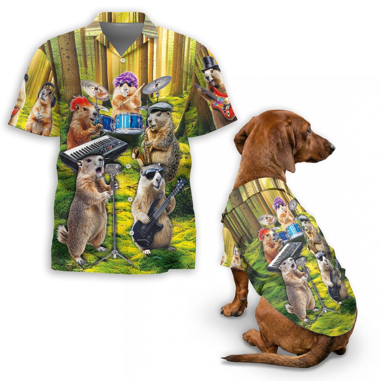 Netecom Matching Funny Musical Groundhog Aloha Hawaiian Shirt for Dog and Owner, Aloha Summer Shirt, Groundhog Music Print Outfit for Pet and Human, Beach Vacation Casual Wear