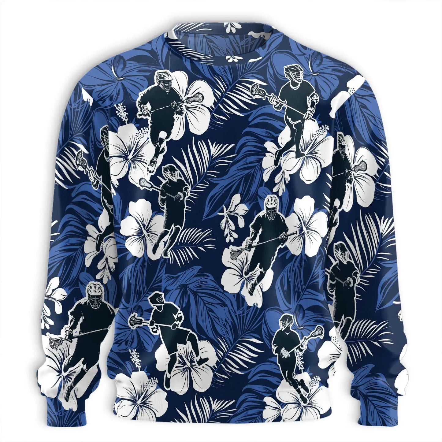 Blue Black Lacrosse Tropical Sweatshirt, 3D All Over Print Sports Palm Tree Crewneck Pullover for Men Women, Lacrosse Player Gift - Netecom