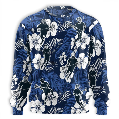 Blue Black Lacrosse Tropical Sweatshirt, 3D All Over Print Sports Palm Tree Crewneck Pullover for Men Women, Lacrosse Player Gift - Netecom