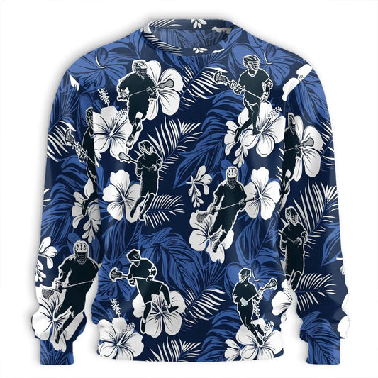 Blue Black Lacrosse Tropical Sweatshirt, 3D All Over Print Sports Palm Tree Crewneck Pullover for Men Women, Lacrosse Player Gift - Netecom