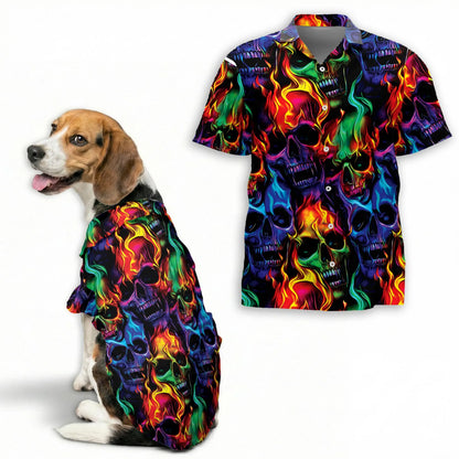 Flame Skull Fire Pattern Hawaii Dog and Owner Matching Button Shirts