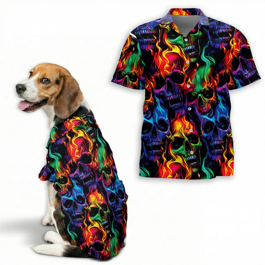 Flame Skull Fire Pattern Hawaii Dog and Owner Matching Button Shirts