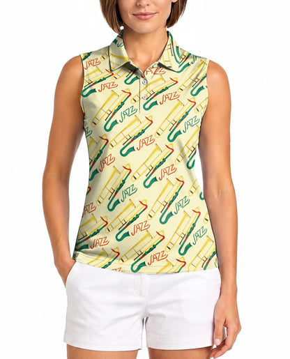 Jazz Music Instrument Pattern Sleeveless Polo Shirt for Women | Netecom