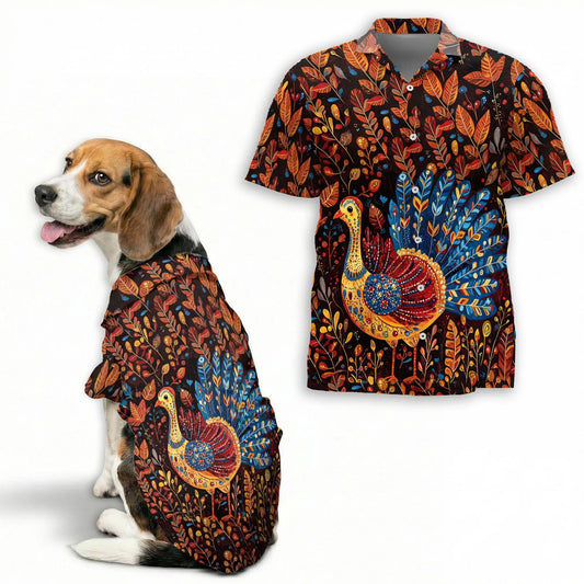 Folk Art Turkey Thanksgiving Pattern Hawaii Dog and Owner Matching Button Shirts