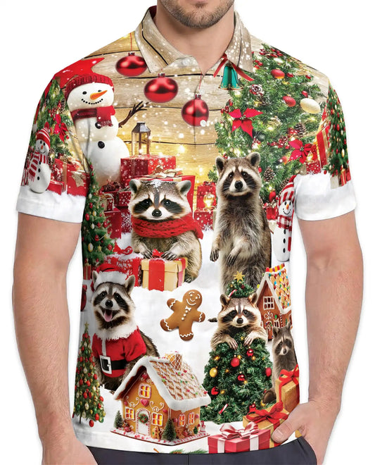 Christmas Raccoon 3D Polo Shirt for Men – Funny Holiday Animal Style | Netecom