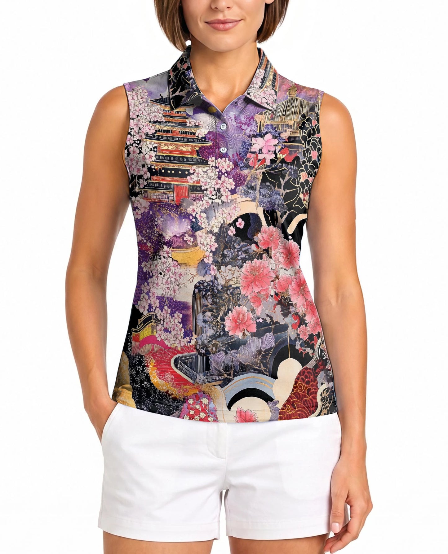 Japanese Ukiyo-e Sakura Cherry Blossom Sleeveless Polo Shirt for Women | Netecom