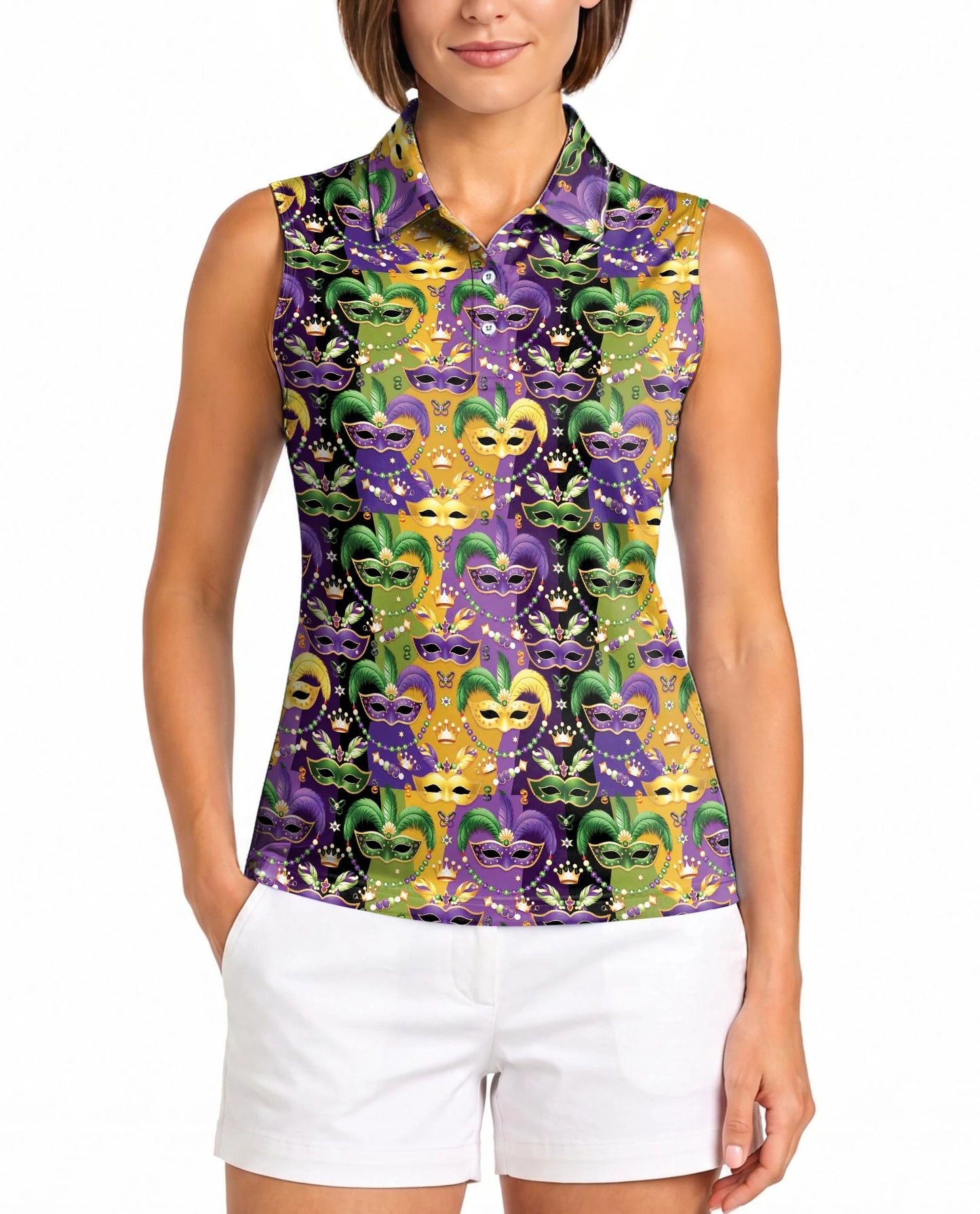 Mardi Gras Mask Sleeveless Polo Shirt for Women | Netecom