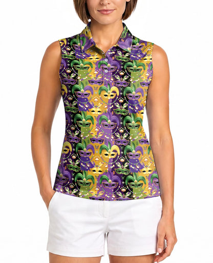 Mardi Gras Mask Sleeveless Polo Shirt for Women | Netecom