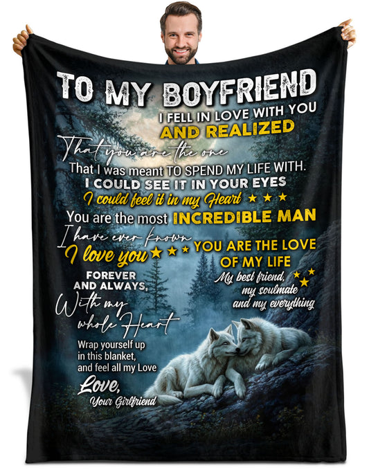 Netecom Personalized To My Boyfriend Blanket from Girlfriend, Romantic Wolf Couple Throw Blanket for Couch, Bed or Sofa, Love Letter Blanket for Boyfriend, Christmas or Valentine’s Day Present