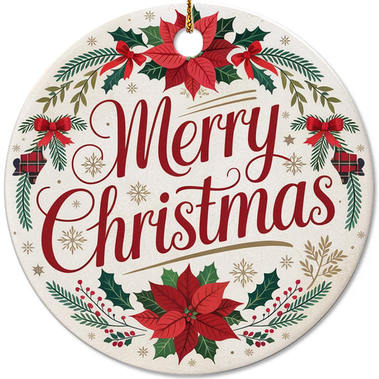 Netecom Vintage Merry Christmas Ornament, Poinsettia Wreath Signs Ceramic Ornament for Xmas Tree Hanging Decorations Gift, Gifts for Family and Friend, Holiday Party Present