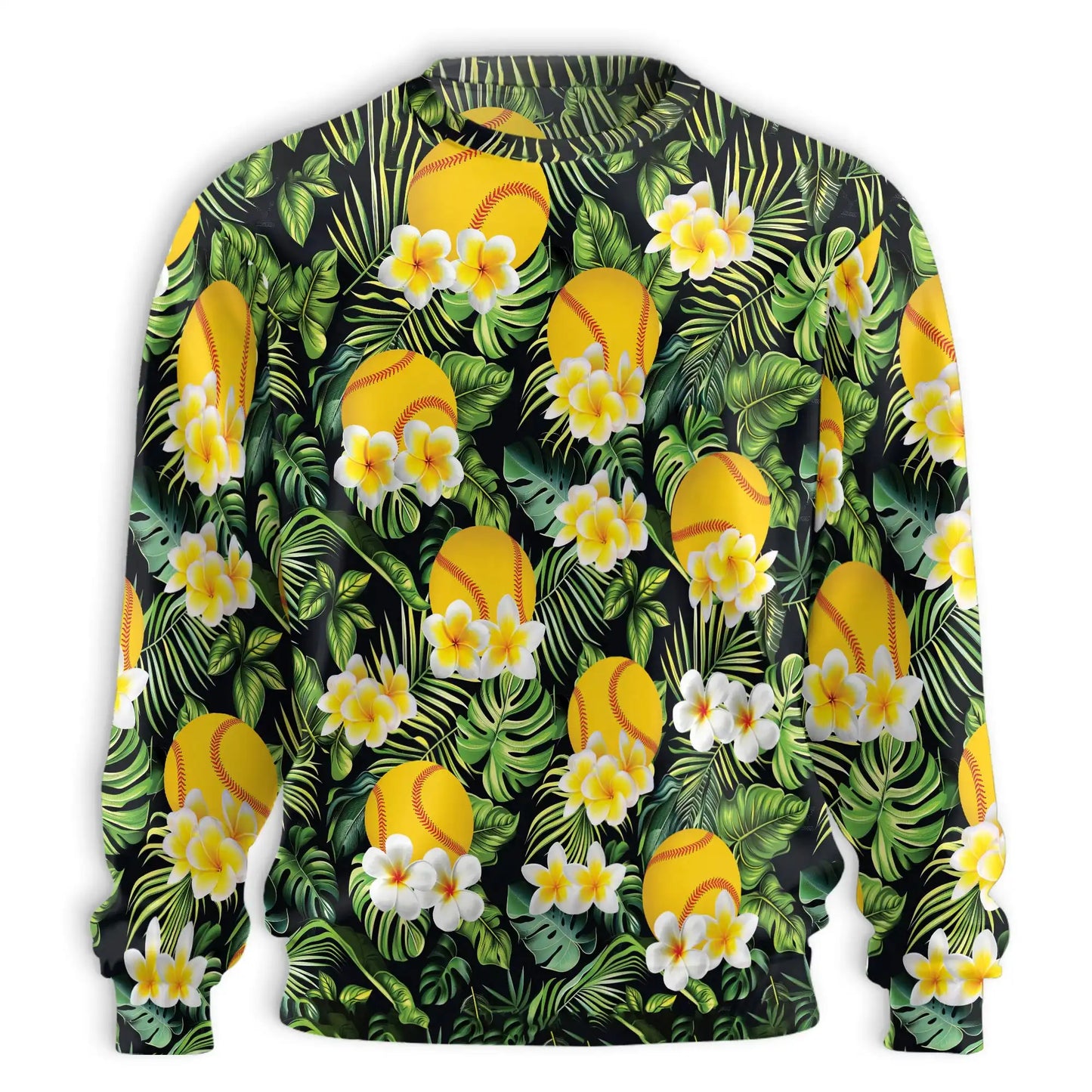 Softball Plumeria Tropical Leaves Sweatshirt, 3D All Over Print Tropical Sports Crewneck Pullover for Men Women, Softball Lover Gift - Netecom