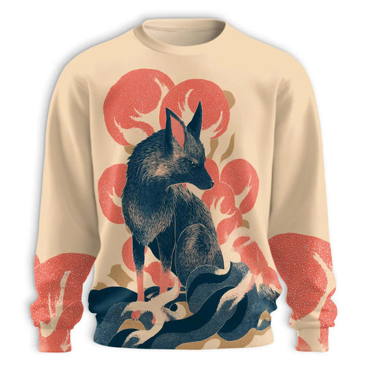 Japanese Fox Sweatshirt, 3D All Over Print Japanese Art Kitsune Crewneck Pullover for Men Women, Fox Lover Gift - Netecom