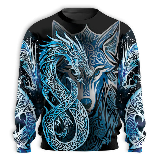 Wolf Dragon Sweatshirt, 3D All Over Print Fantasy Animal Crewneck Pullover for Men Women, Wolf and Dragon Lover Gift - Netecom