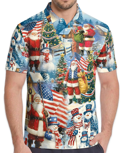 Patriotic Christmas Santa Polo Shirt for Men- Patten American Flag Santa | Netecom