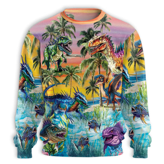 Colorful Dinosaur Tropical Sweatshirt, 3D All Over Print Prehistoric Beach Crewneck Pullover for Men Women, Dinosaur Lover Gift - Netecom