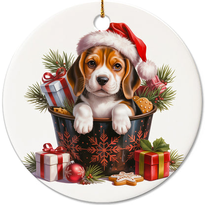 Netecom Cute Beagle in Bucket Ornament, Dog with Santa Hat Ceramic Ornament for Christmas Tree Hanging Decorations Gift, Puppy Lover Gifts, Home Decor, Holiday Party Present