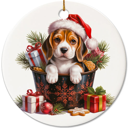 Netecom Cute Beagle in Bucket Ornament, Dog with Santa Hat Ceramic Ornament for Christmas Tree Hanging Decorations Gift, Puppy Lover Gifts, Home Decor, Holiday Party Present