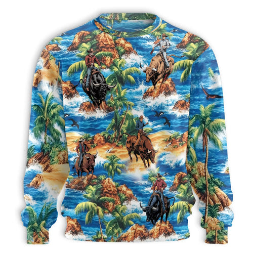 Bull Riding Beach Sweatshirt, 3D All Over Print Tropical Rodeo Crewneck Pullover for Men Women, Bull Rider Gift - Netecom