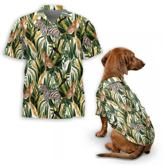 Matching Dog and Owner Hawaiian Shirts – Tropical Summer Wild Animals and Plants Beach Outfit