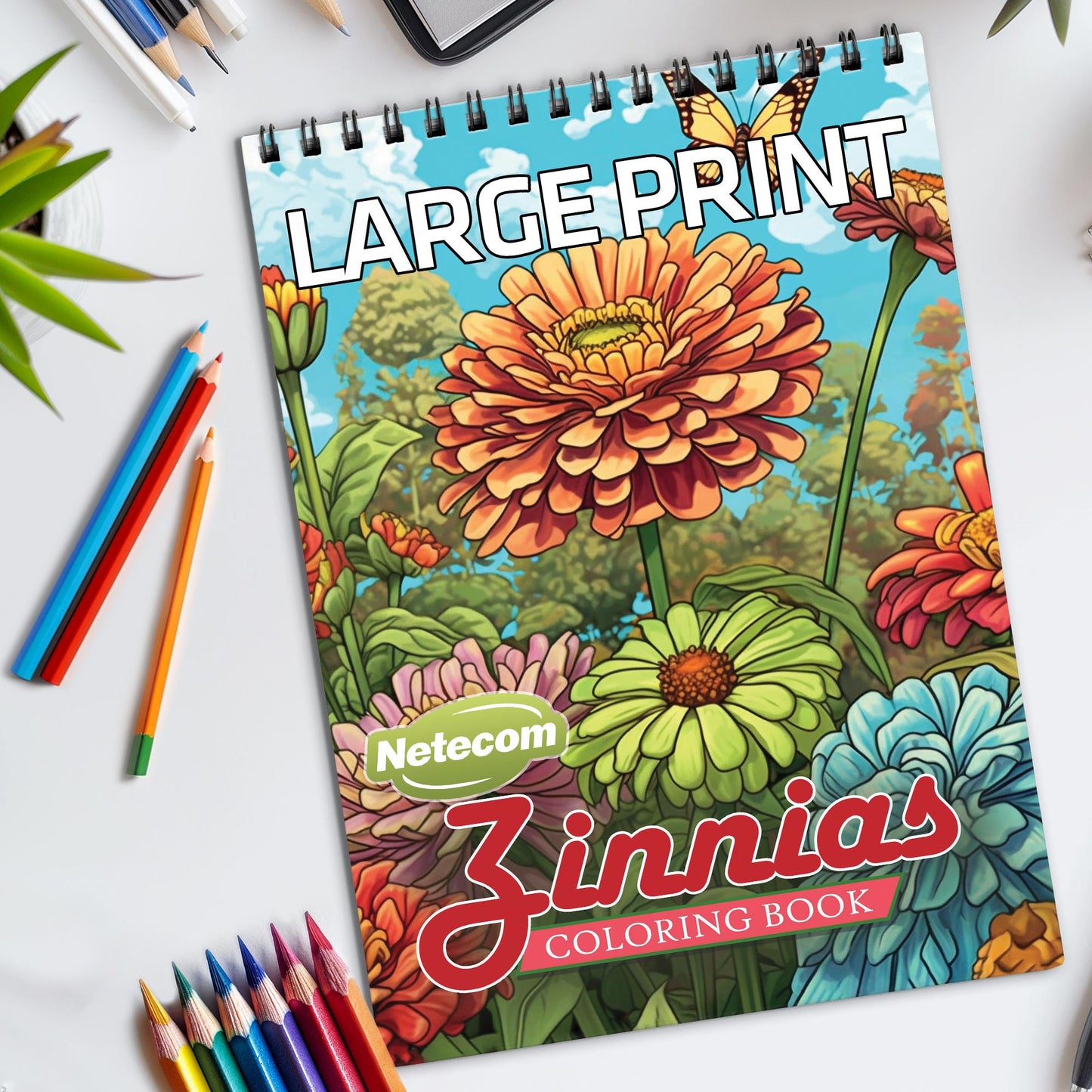 Large Print Zinnias Spiral Bound Coloring Book, Bold and Beautiful Zinnias in Large Print, Great for Easy and Vibrant Floral Art Enjoyment