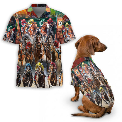 Netecom Matching Colorful Horse Racing Hawaiian Shirt for Dog and Owner, Aloha Summer Shirt, Animal Print Outfit for Pet and Human, Beach Vacation Casual Wear