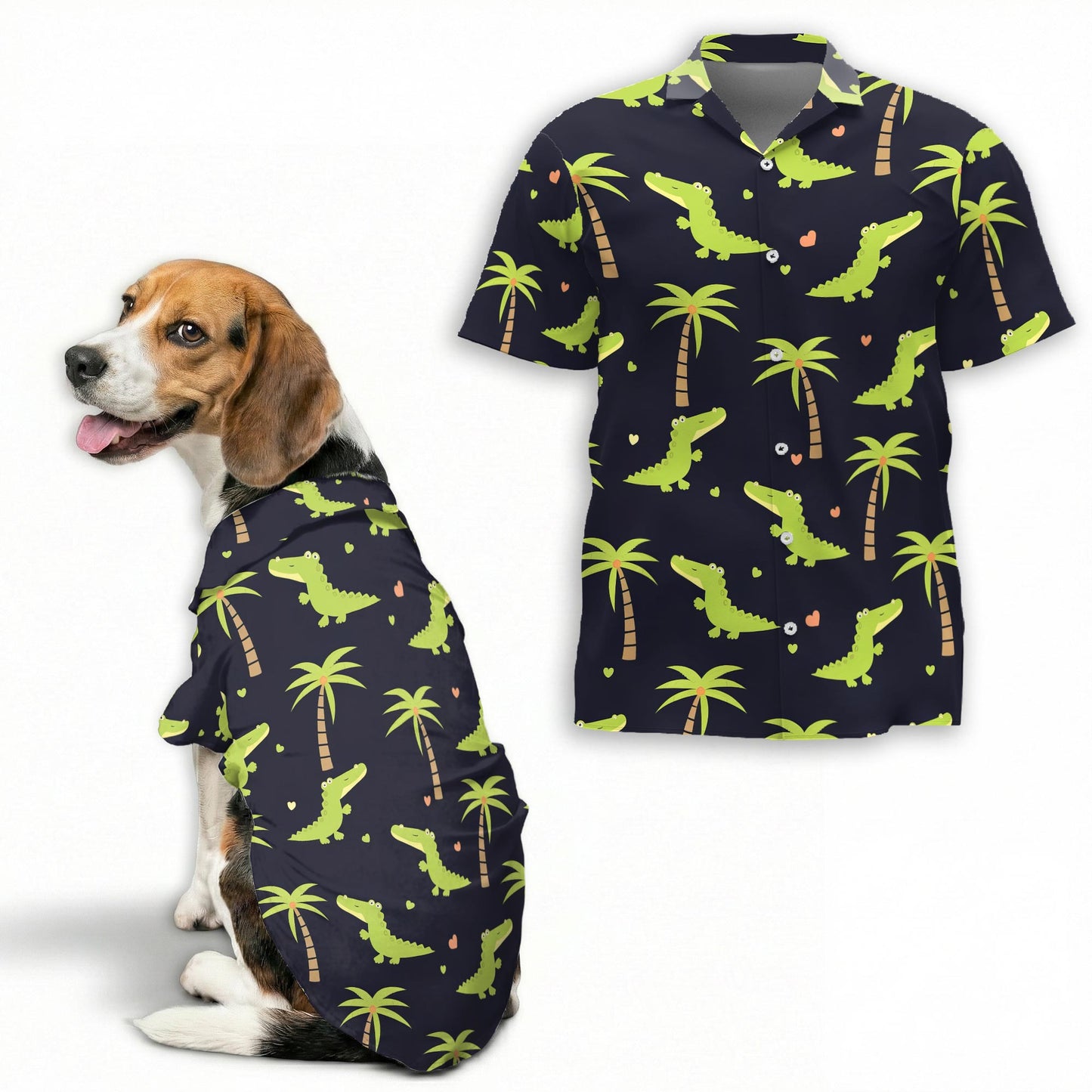 Cute Alligator Tropical Pattern Hawaii Dog and Owner Matching Button Shirts
