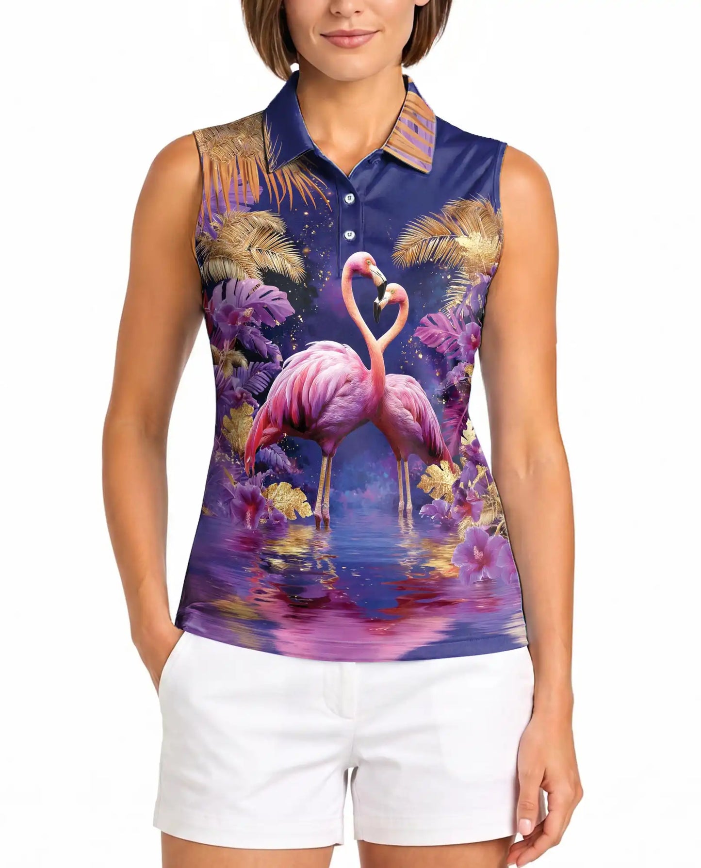 Tropical Pair of Pink Flamingos Sleeveless Polo Shirt for Women | Netecom