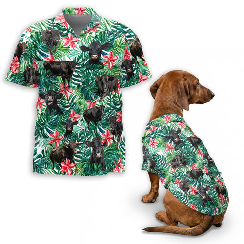 Netecom Matching Black Angus Cattle Hawaiian Shirt for Pet and Owner, Cattle Lovers Aloha Summer Shirt, Tropical Plant Cow Print Outfit for Dog and Human, Casual Beach Vacation Wear