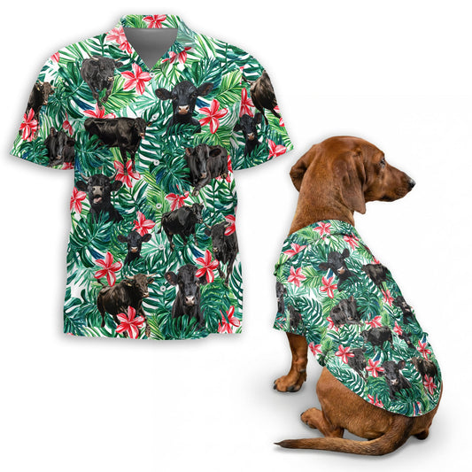 Netecom Matching Black Angus Cattle Hawaiian Shirt for Pet and Owner, Cattle Lovers Aloha Summer Shirt, Tropical Plant Cow Print Outfit for Dog and Human, Casual Beach Vacation Wear