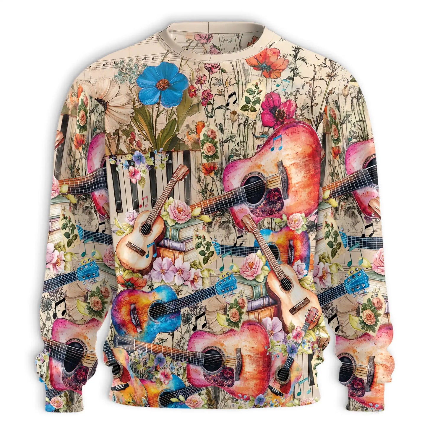 Vintage Flower Ukulele Sweatshirt, 3D All Over Print Retro Floral Music Crewneck Pullover for Men Women, Ukulele Lover Gift - Netecom