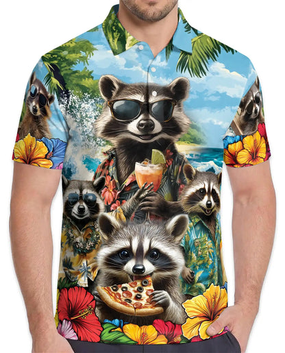 Funny Raccoon Hawaiian Polo Shirt - Tropical Vacation Style | Netecom
