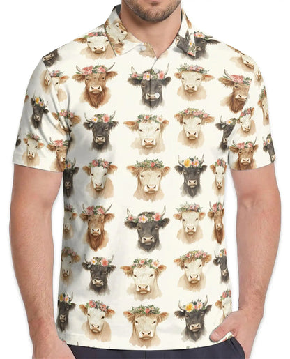 Floral Cow Polo Shirt for Men – Farmhouse Animal Style | Netecom